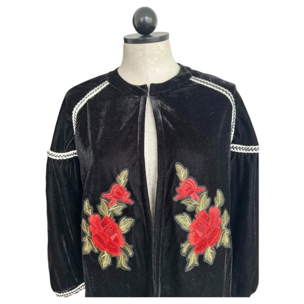 Elodie Velvet Roses Embroidered Jacket Open Front Peasant 3/4 Sleeves Size S - Picture 15 of 15